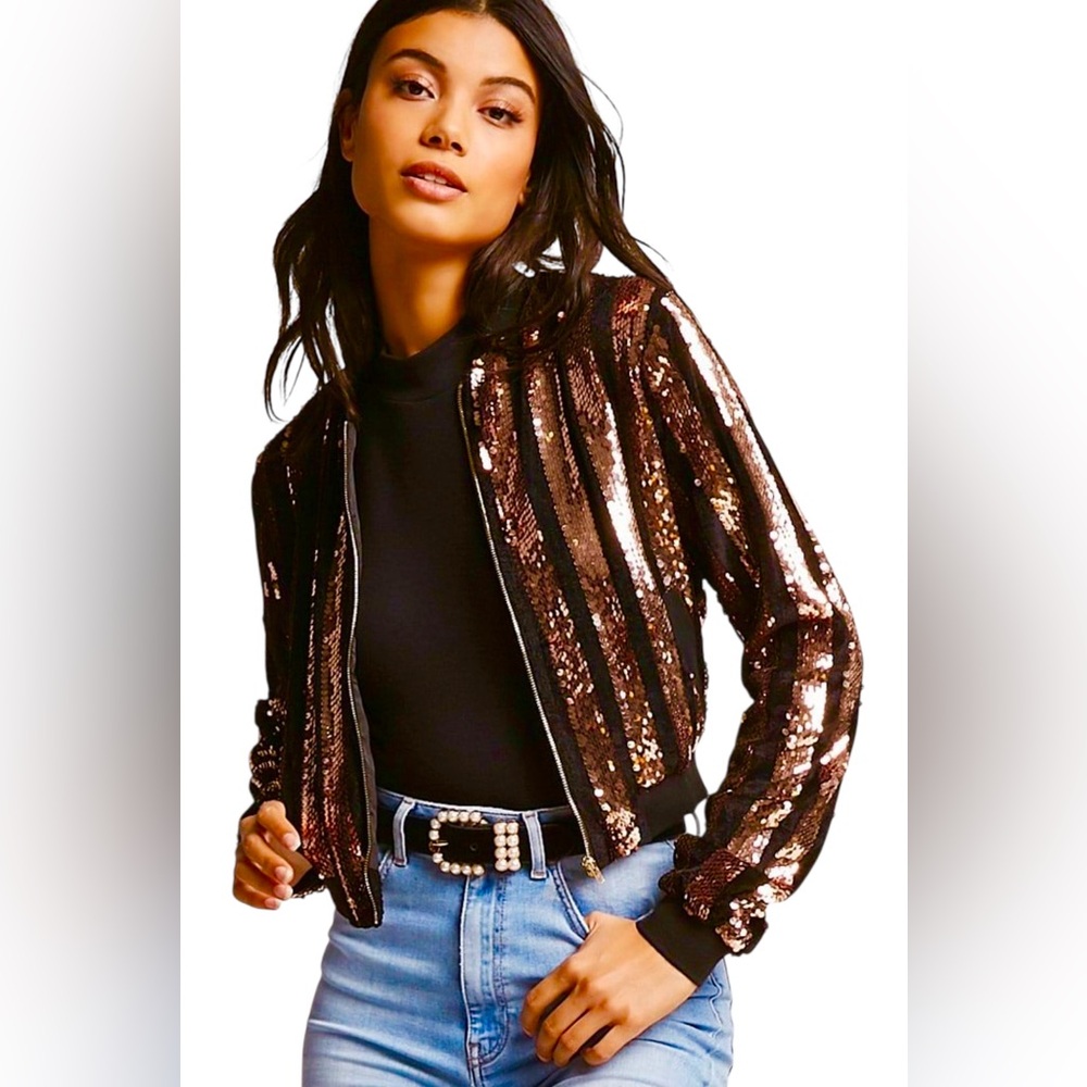 FASHION NOVA ROSE GOLD VELOUR SEQUIN REVIVAL BOMBER JACKET SIZE XL W/POCKETS NWT